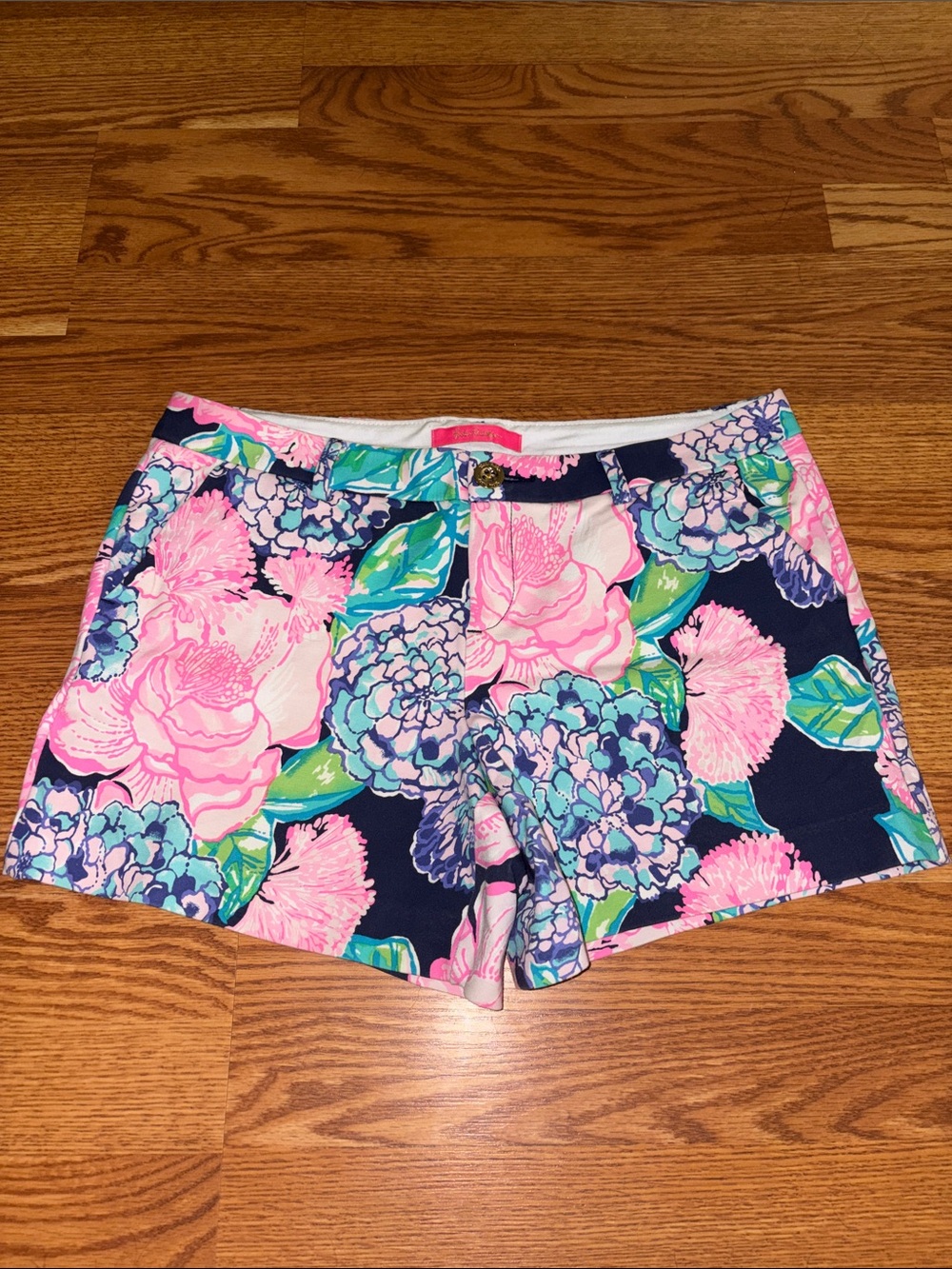 Lilly Pulitzer Navy Floral Shorts with Pink & Aqua Blooms